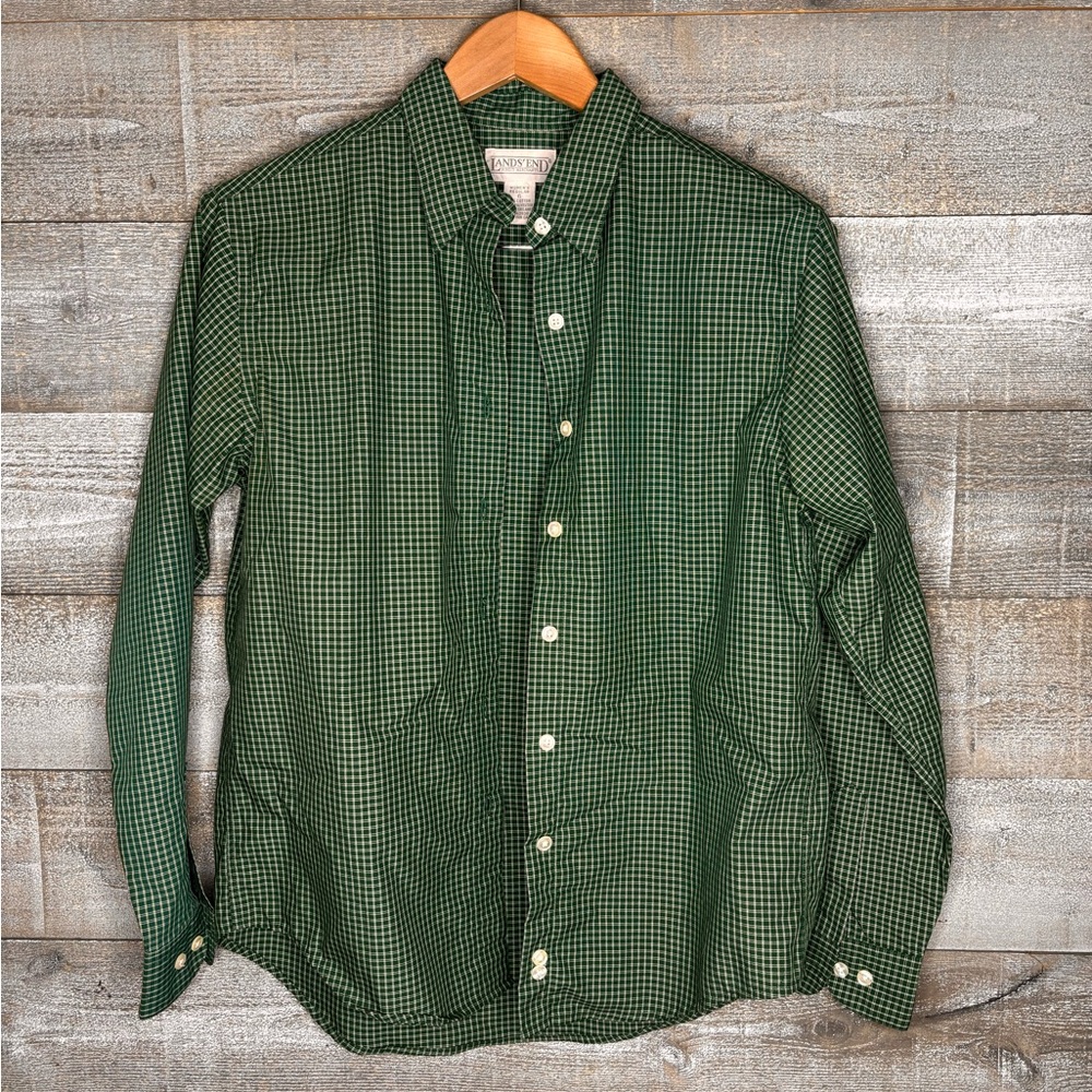 Lands' End Green Checkered plaid Women's Shirt fall autumn apple picking shirt